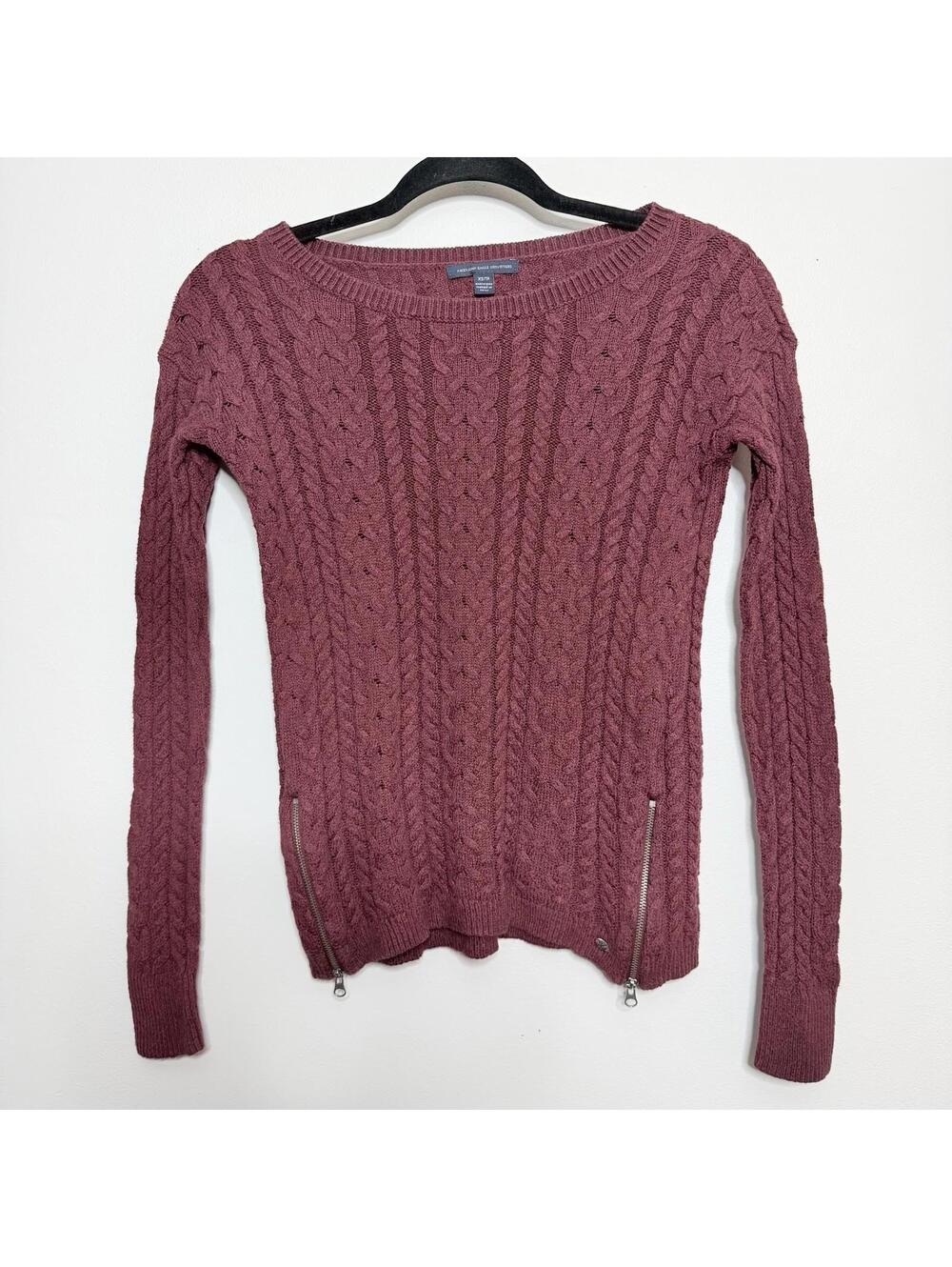 American Eagle Outfitters Cable Knit Sweater Maroon Side Zip Crewneck Women XS